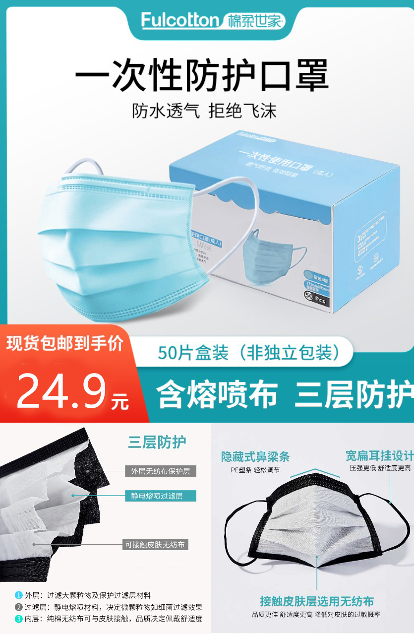 【热销十万】一次性三层过滤防护口罩50片