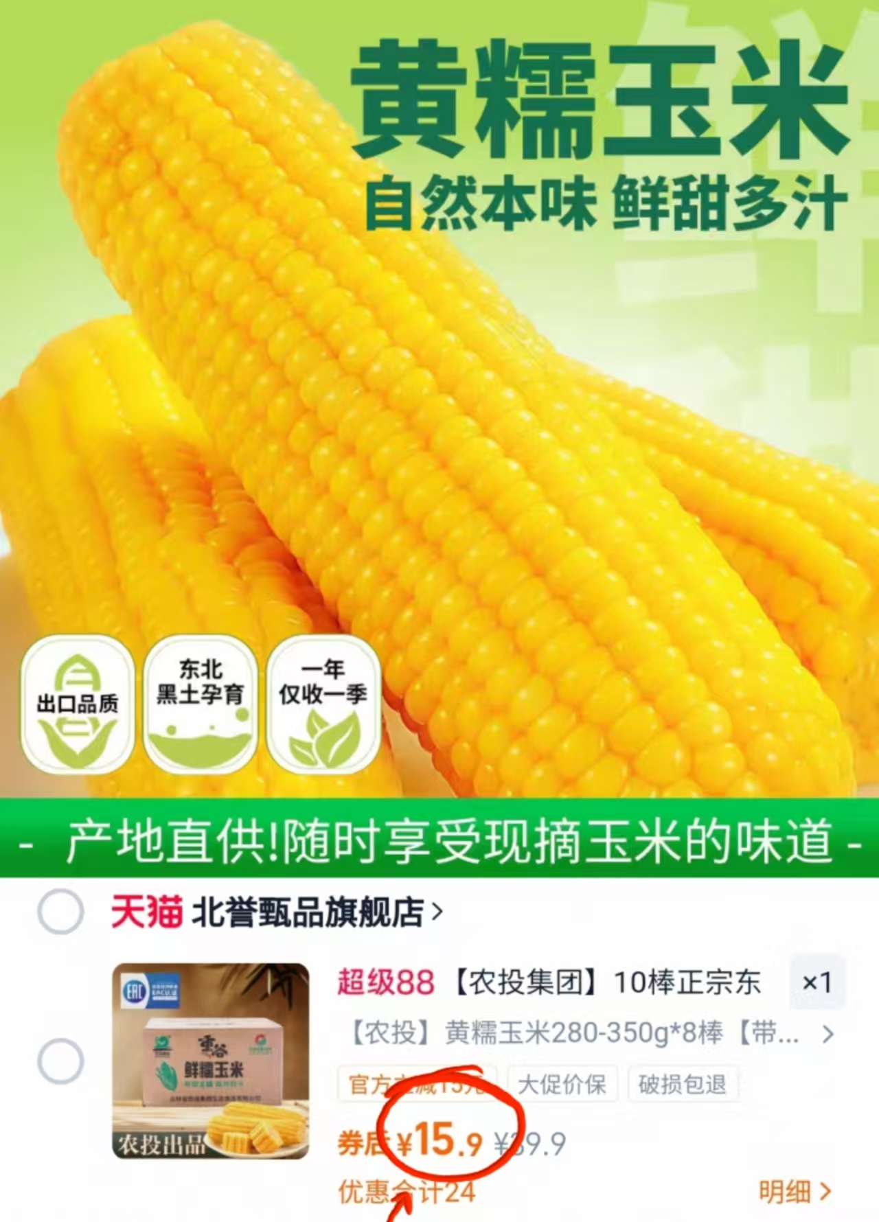 农投!东北白糯玉米280-350g*8棒