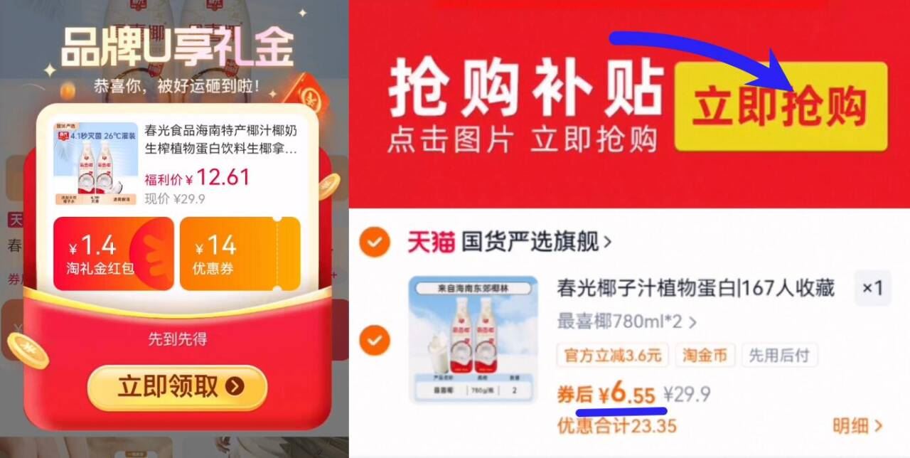 【春光】海南椰汁椰奶780ml装2瓶