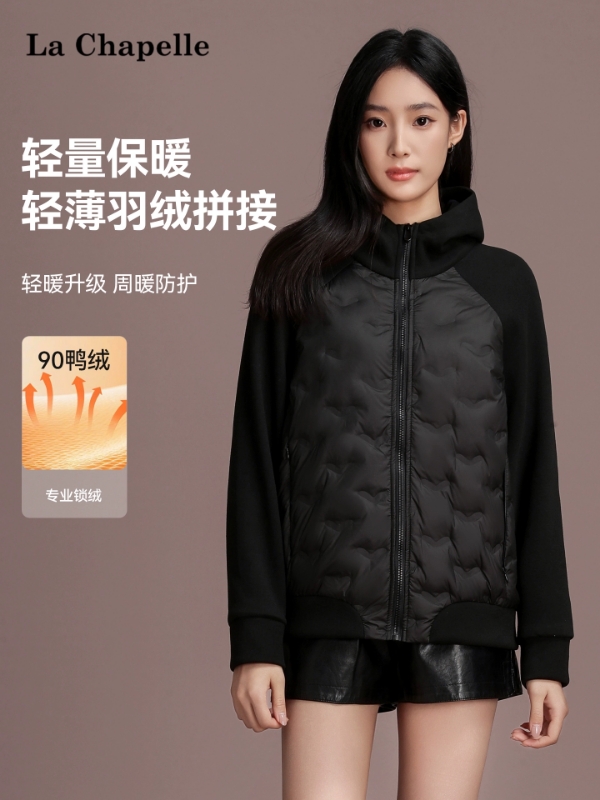拉夏贝尔！拼接黑金羽绒服