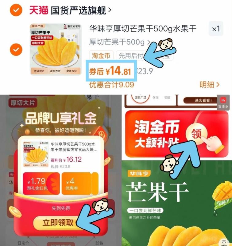 【礼金一步到手15.89】华味亨芒果干500g