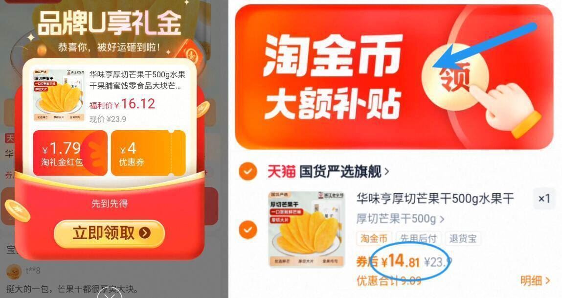 【礼金一步到手15.89】华味亨芒果干500g