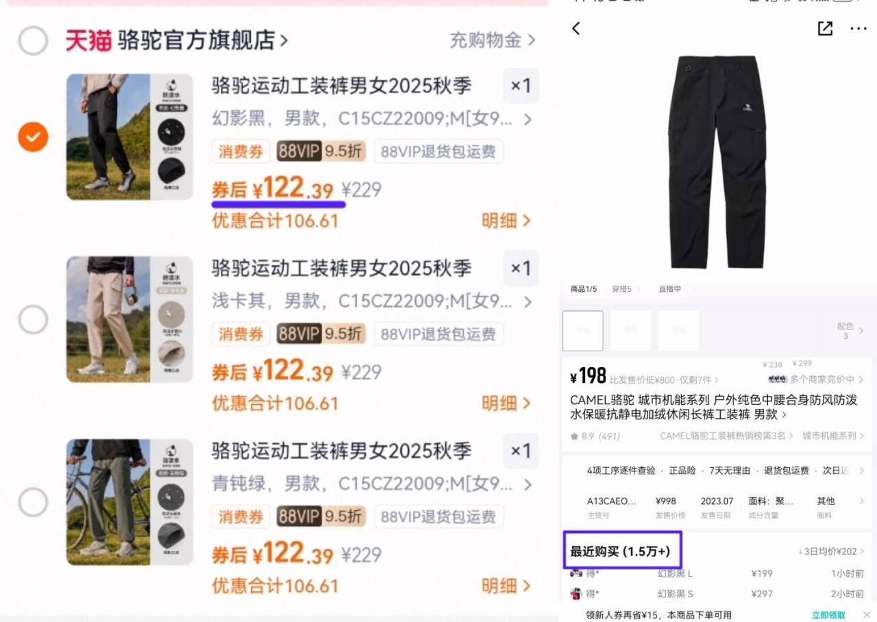 骆驼情侣运动工装裤防泼水户外登山裤