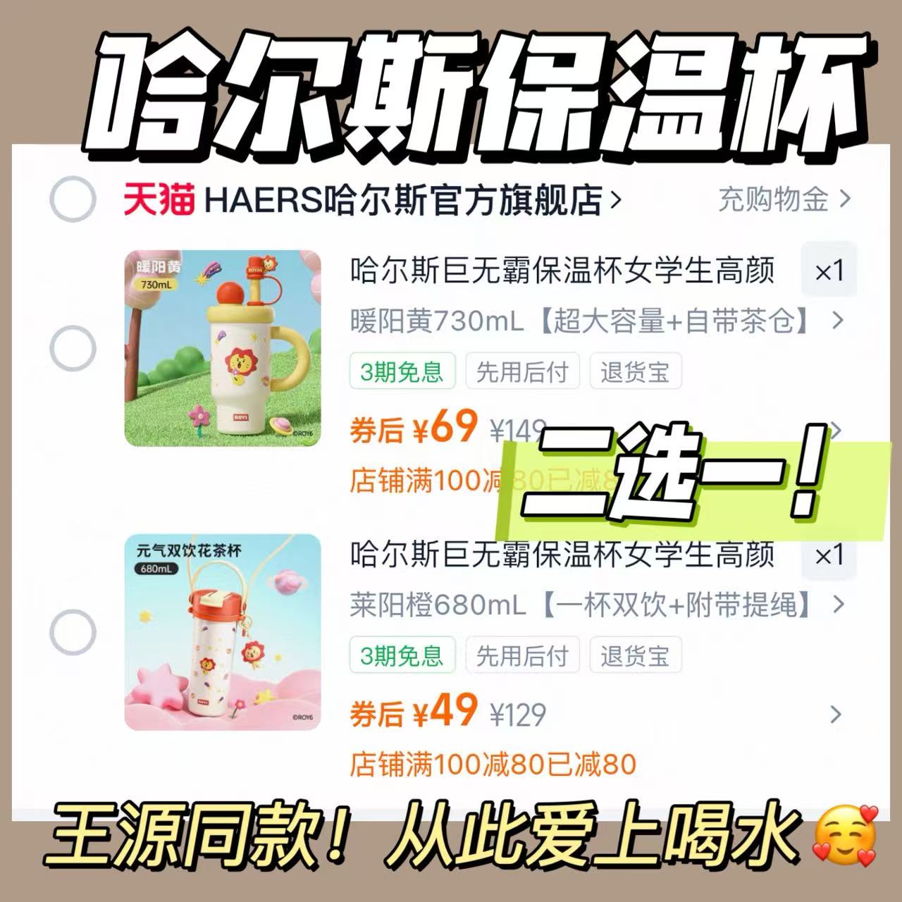 王源莱阳公仔哈尔斯巨无霸保温杯680ml